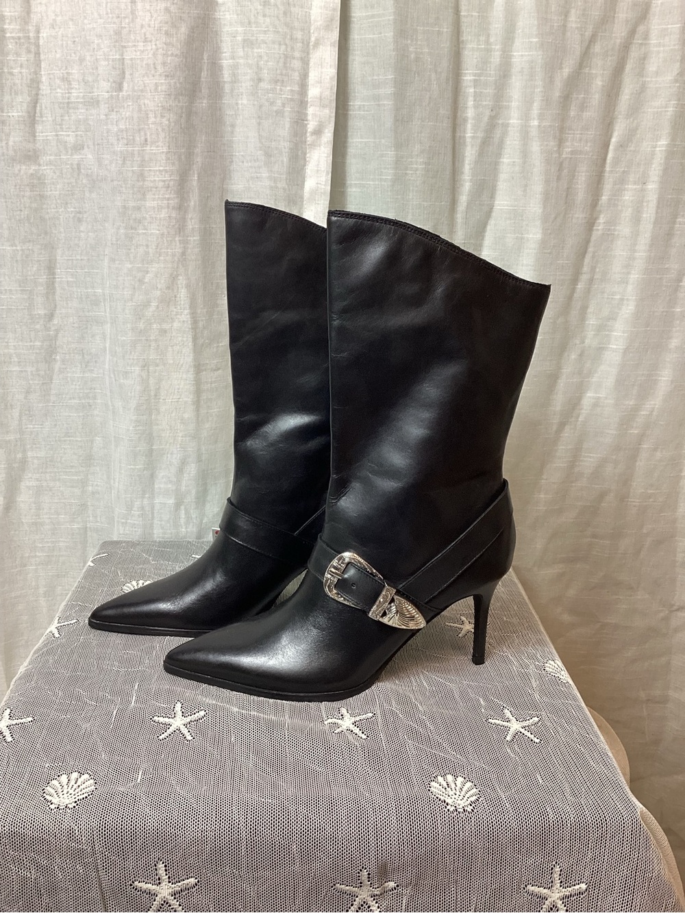 NWT Zara Black Leather High-Heel Boots with Cowboy Buckle; Size: 9